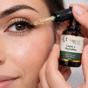 Persona aplica serum para cejas y pestañas con vitamina E de origen natural con gotero.