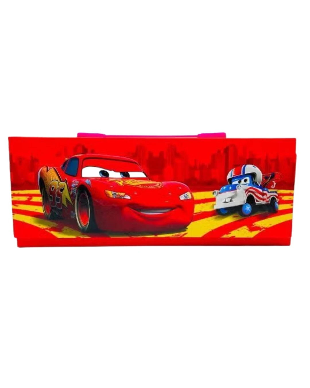 Estuche rojo con Lightning McQueen y Mate de Cars, decorado con rayas amarillas. Set de arte.