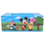 Caja de arte Disney con Mickey y Minnie, azul con paisaje y animales.