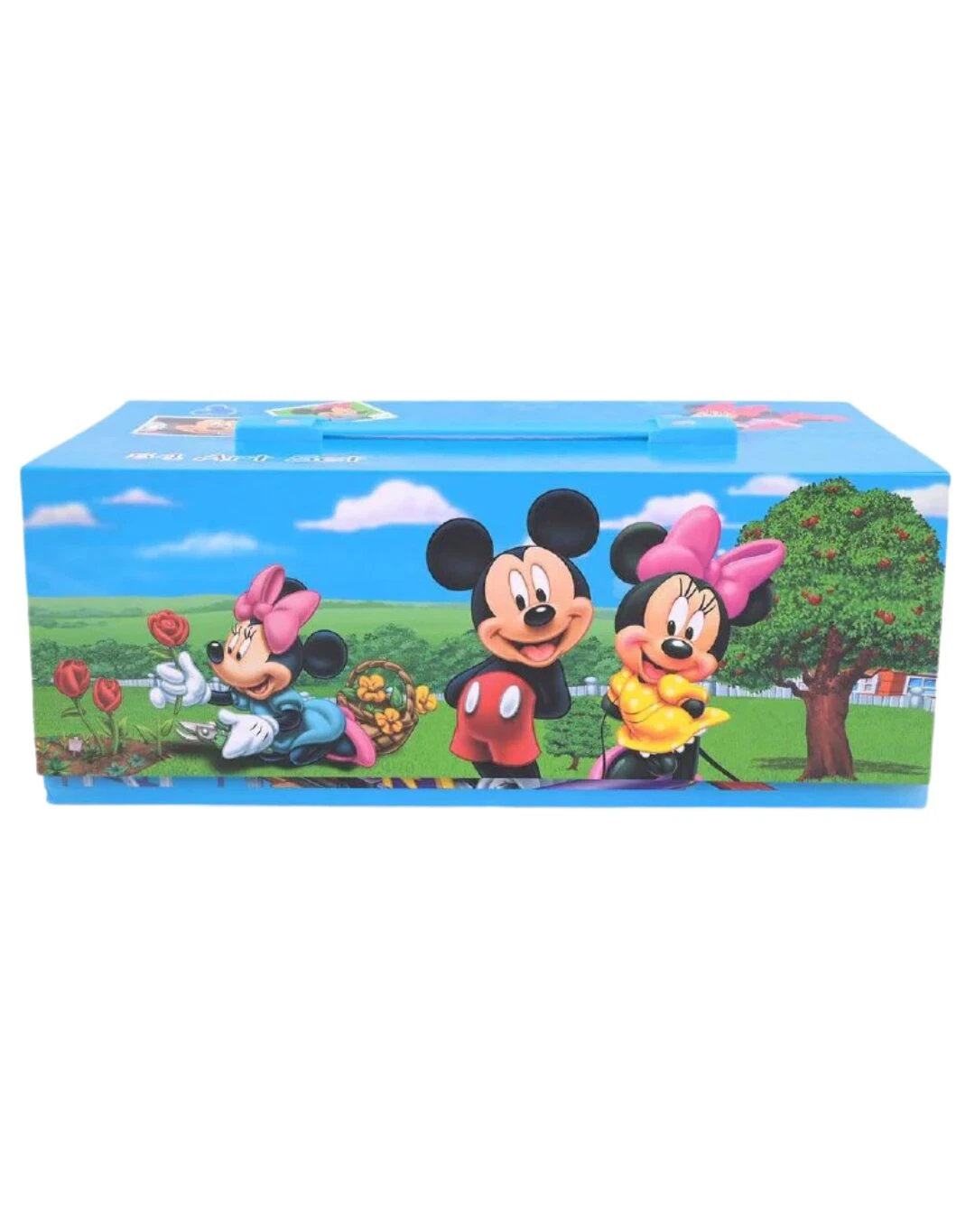 Caja de arte Disney con Mickey y Minnie, azul con paisaje y animales.