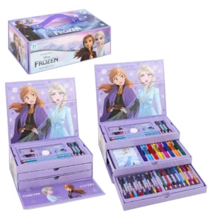 Set de arte Frozen Disney 54 piezas, con cajones violetas y dibujos de Anna y Elsa.