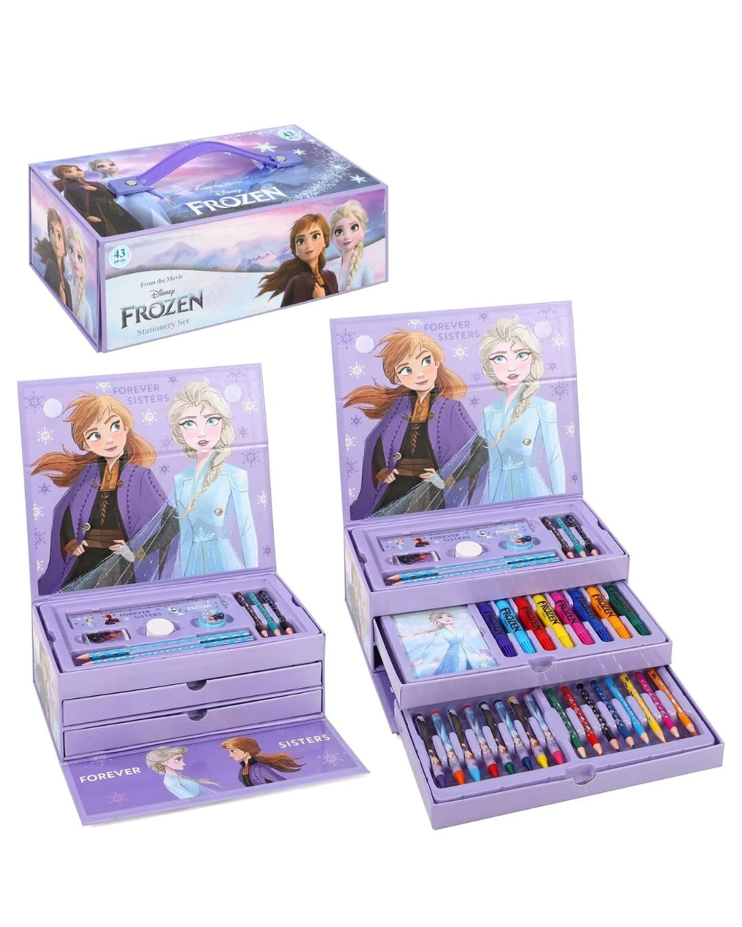 Set de arte Frozen Disney 54 piezas, con cajones violetas y dibujos de Anna y Elsa.