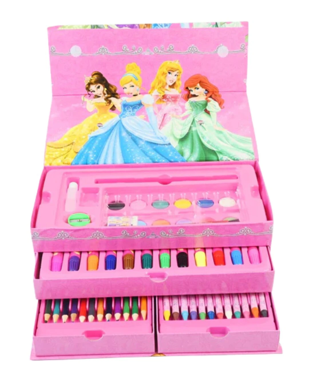 Set de arte Disney 54 piezas en estuche rosa con dibujos de princesas, marcadores y crayones.