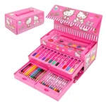 Set de arte rosa Hello Kitty con 54 piezas, incluye crayones, plumones y más, organizado en cajas desplegables.