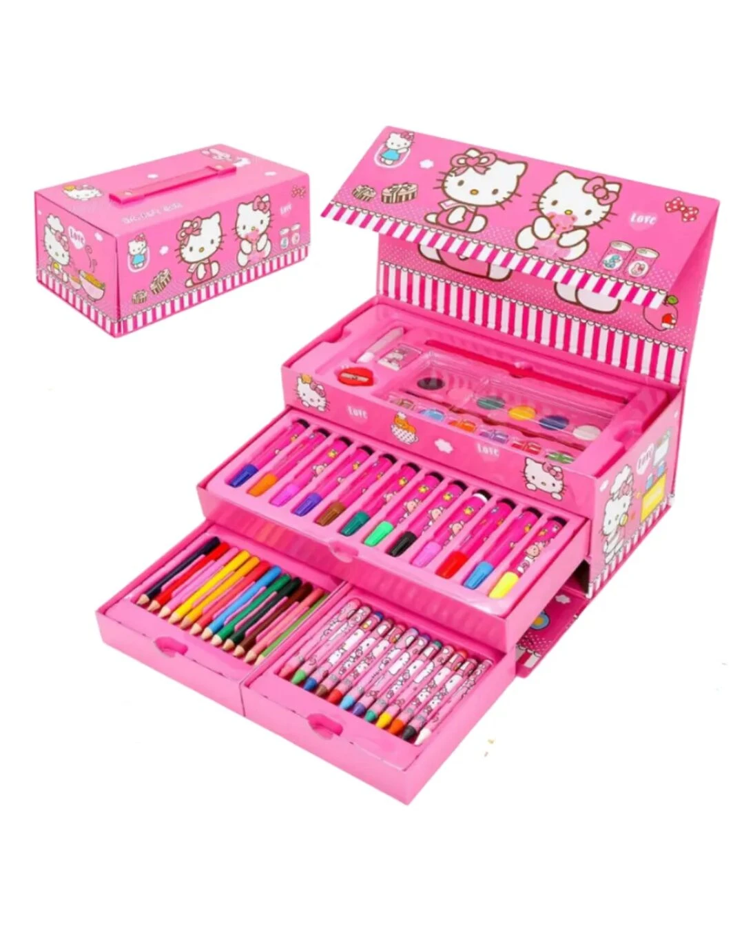 Set de arte rosa Hello Kitty con 54 piezas, incluye crayones, plumones y más, organizado en cajas desplegables.