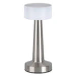 Lámpara LED táctil recargable, base cilíndrica metal cepillado y pantalla difusora blanca.