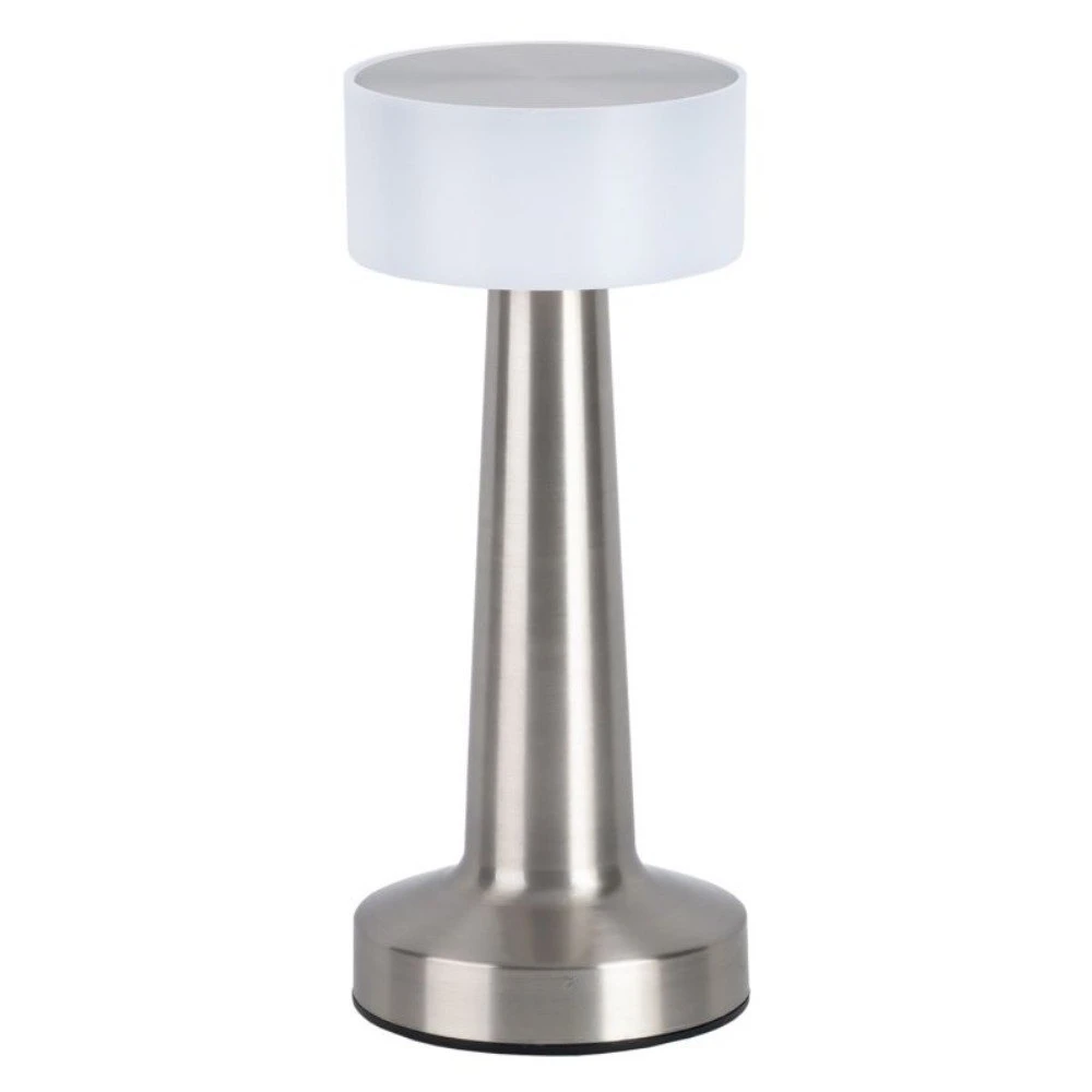 Lámpara LED táctil recargable, base cilíndrica metal cepillado y pantalla difusora blanca.