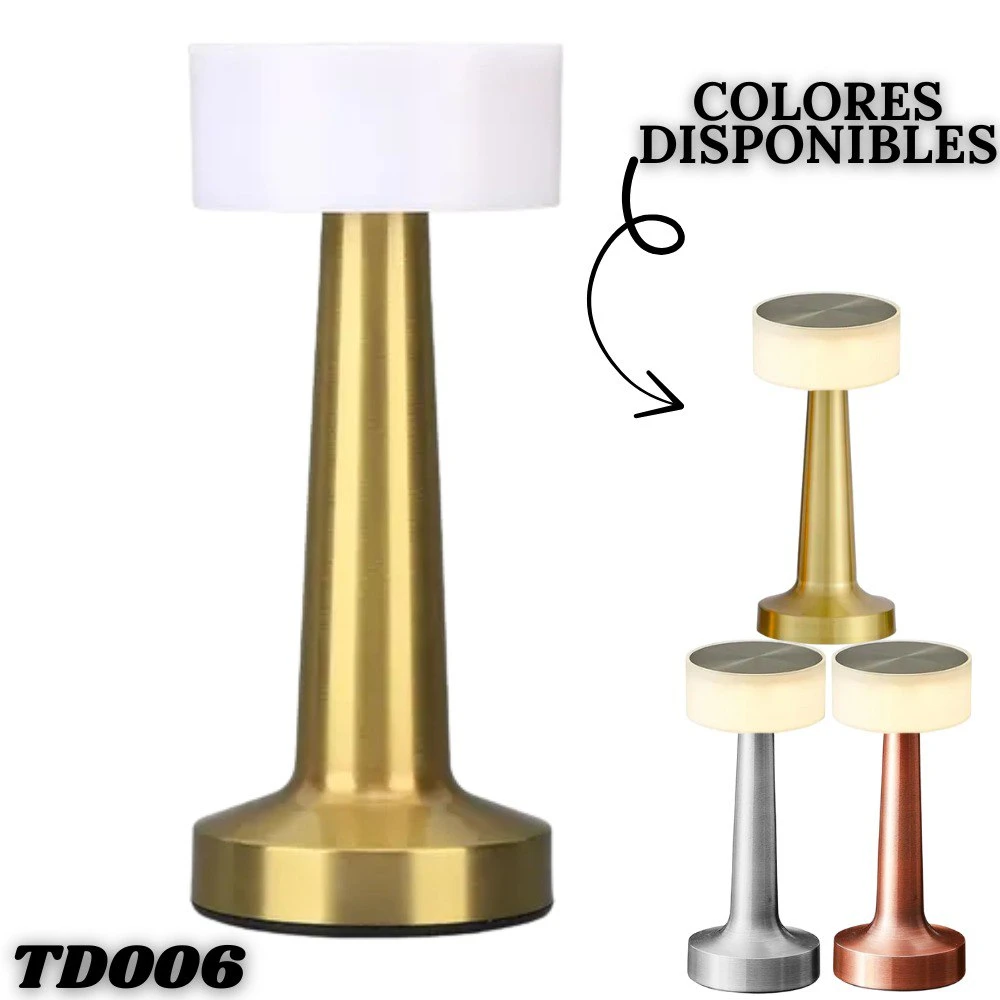 Lámpara de mesa LED táctil TD006, base dorada con pantalla blanca. Colores disponibles: dorado, plata y cobre.