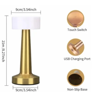Lámpara LED de mesa táctil dorada, recargable vía USB, 21cm alto x 9cm base. Incluye switch táctil y base antideslizante.