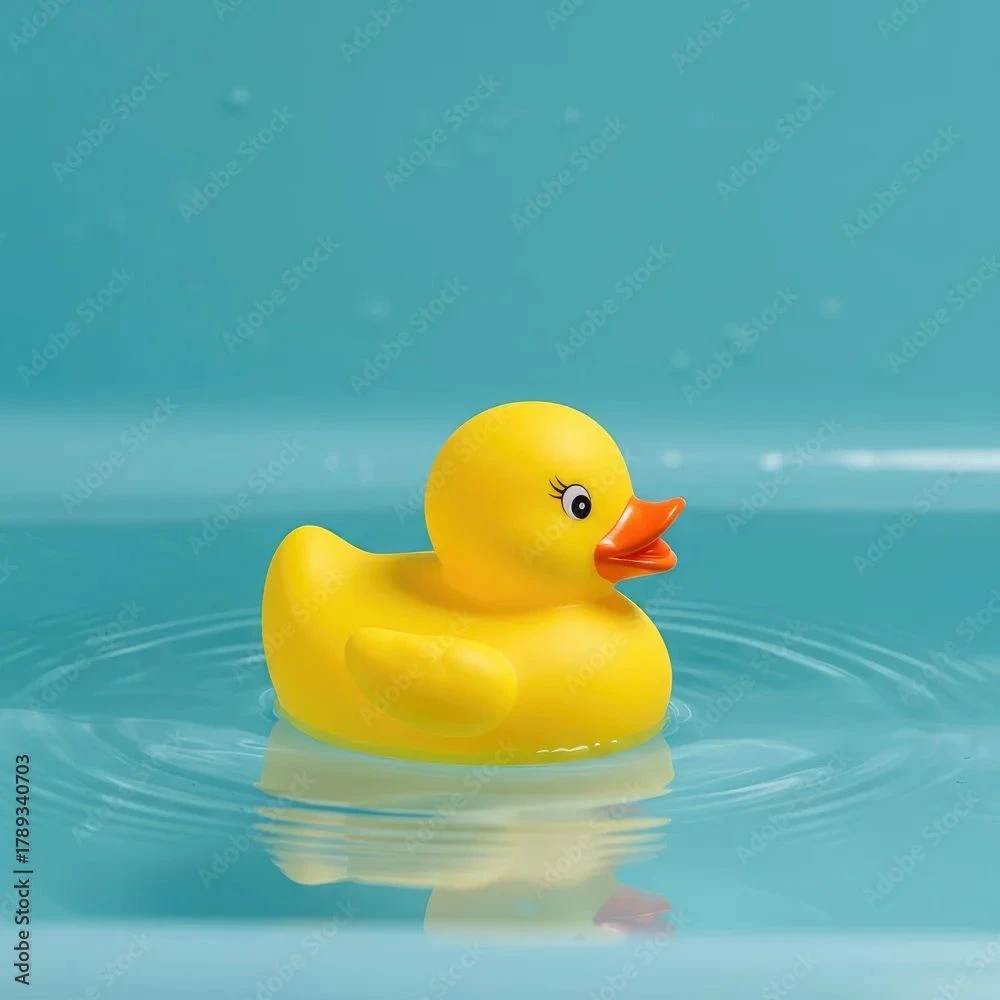Patito de hule amarillo flotando en agua clara con reflejo, ideal para baño infantil.
