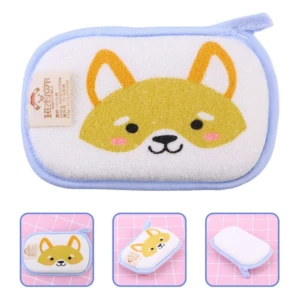 Esponja de baño infantil con diseño de perro Shiba Inu, suave y de secado rápido, ideal para bebés.