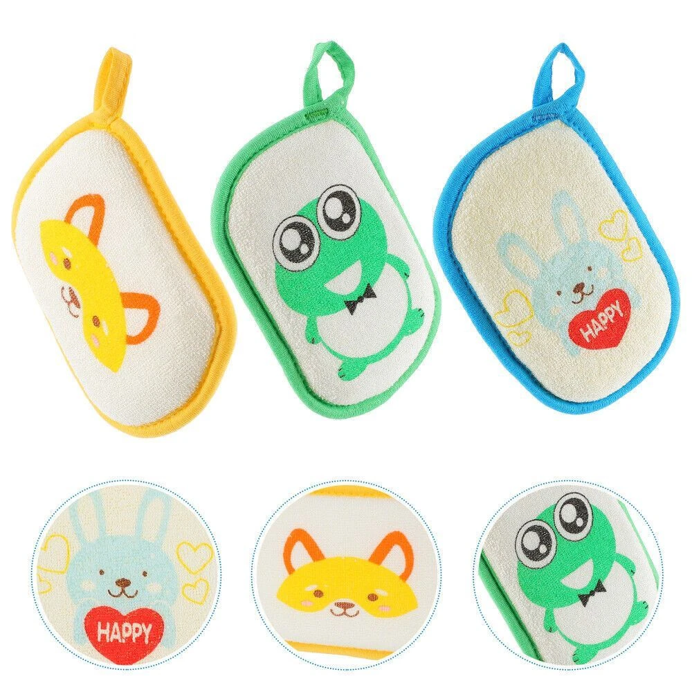 Kit de 3 esponjas de baño con diseño de animales: zorro, rana y conejo.