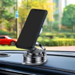 Soporte magnético metálico cromado para celular en auto, con ventosa y base giratoria.