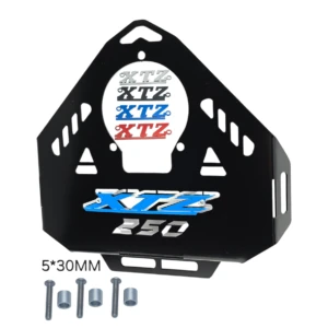 Parrilla protectora de tanque para XTZ 250 3D en negro, con detalles XTZ y "250" plateados y azules, incluye tornillería.