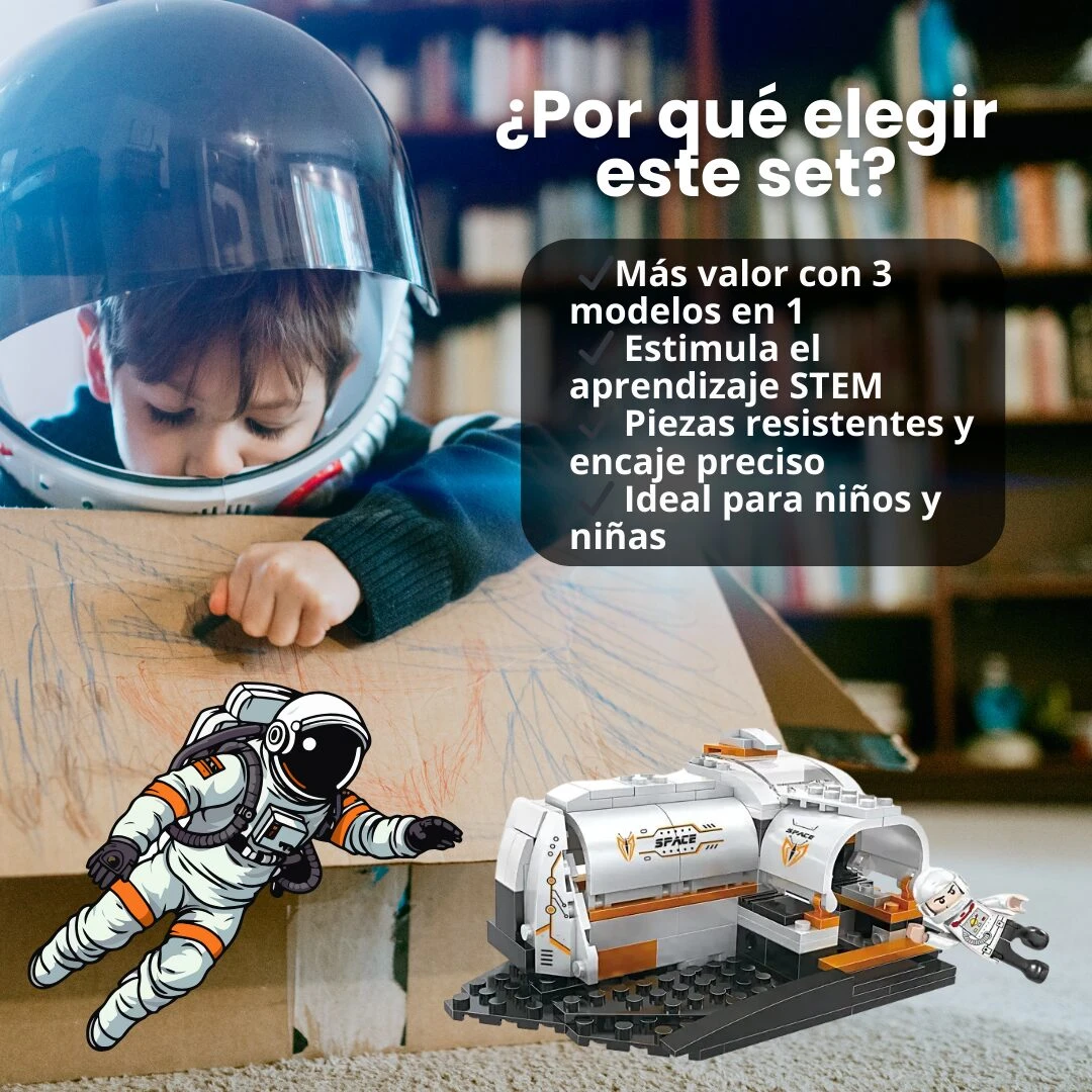 Nave espacial de bloques 3 en 1 con astronauta, ideal para aprendizaje STEM.