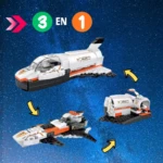Nave espacial blanca y naranja de bloques, se transforma en 3 modelos: cohete, avión y vehículo terrestre.