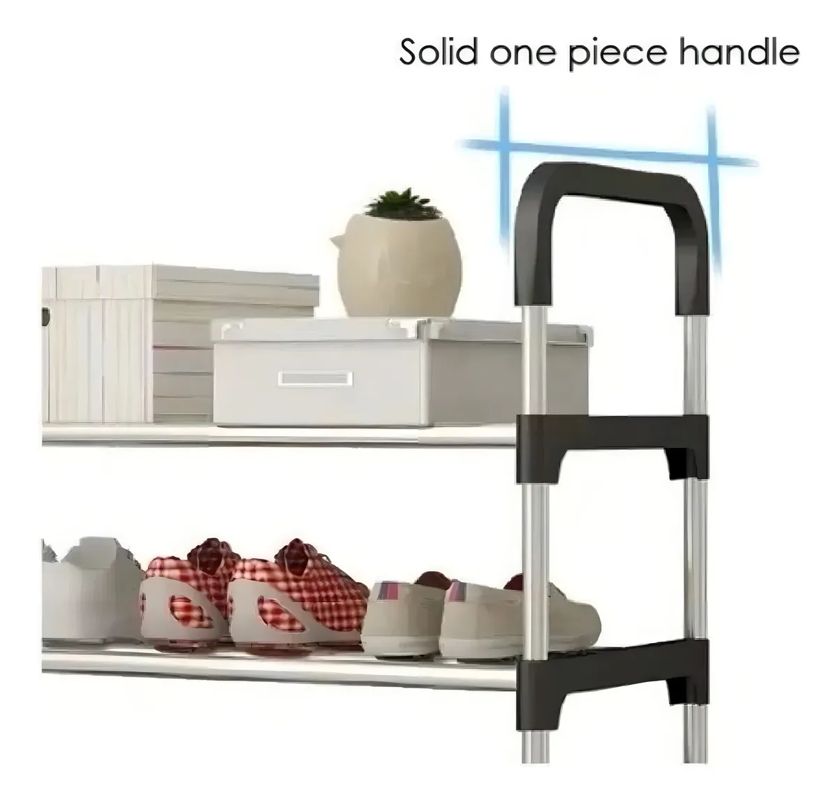 Organizador de zapatos de 5 niveles con estructura metálica y repisas blancas con contenedores y calzado.