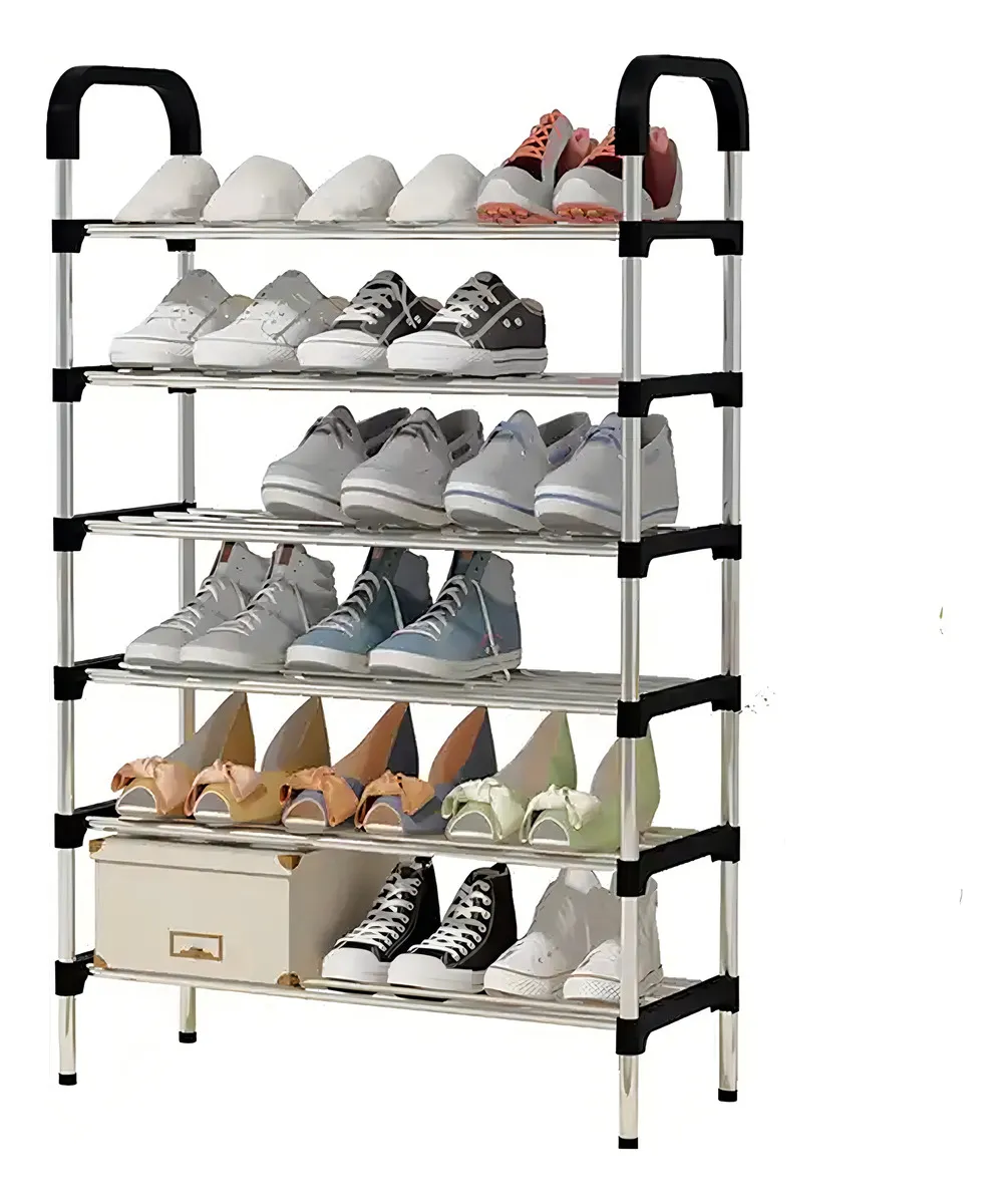 Organizador de zapatos de 5 niveles, metálico y negro, con zapatillas y tacones en cada nivel.