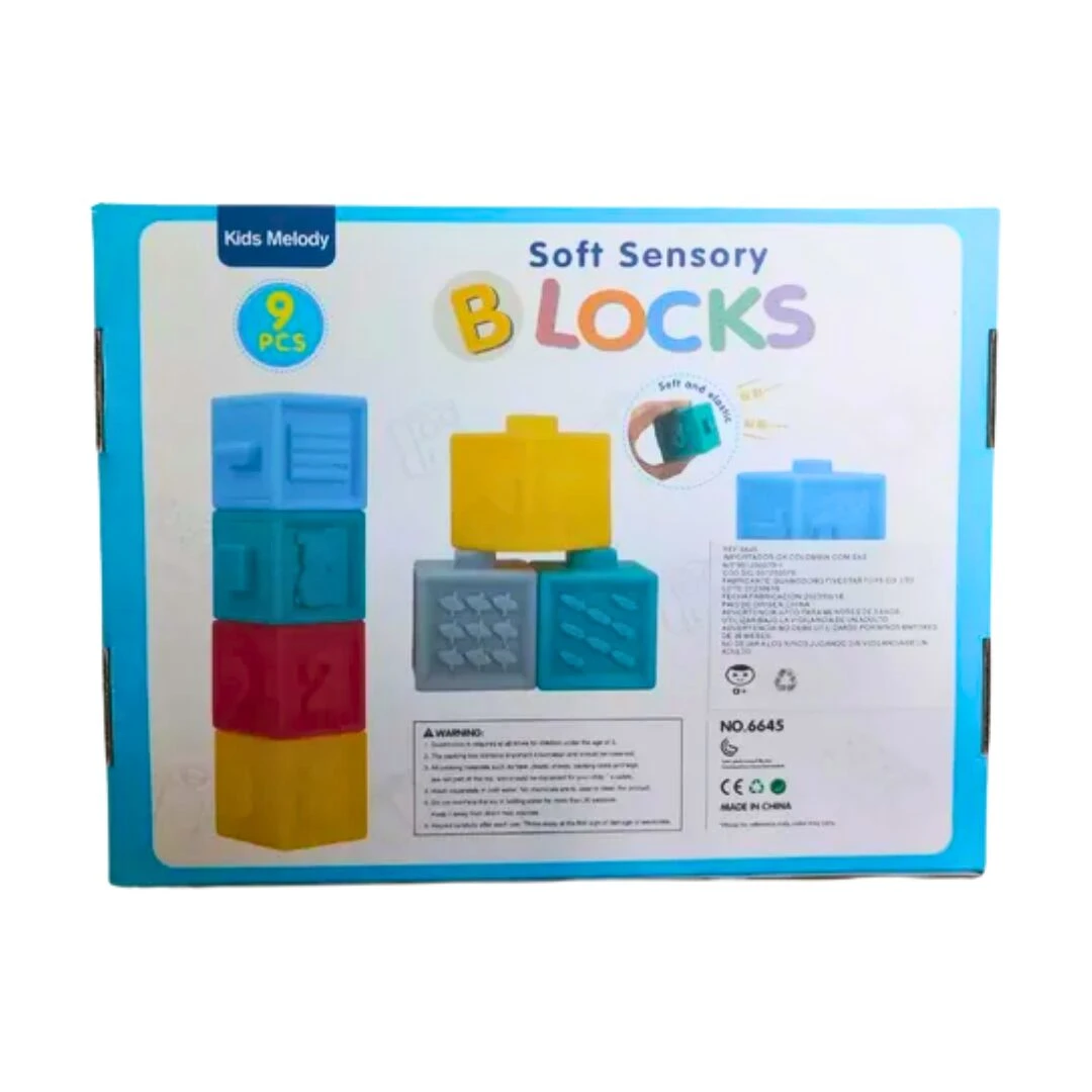 Bloques de silicona sensoriales para bebés, 9 piezas, colores variados, texturas suaves y elásticas.
