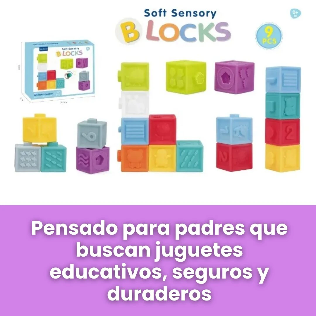 Bloques sensoriales de silicona para bebés en varios colores, 9 piezas, con texturas y números.