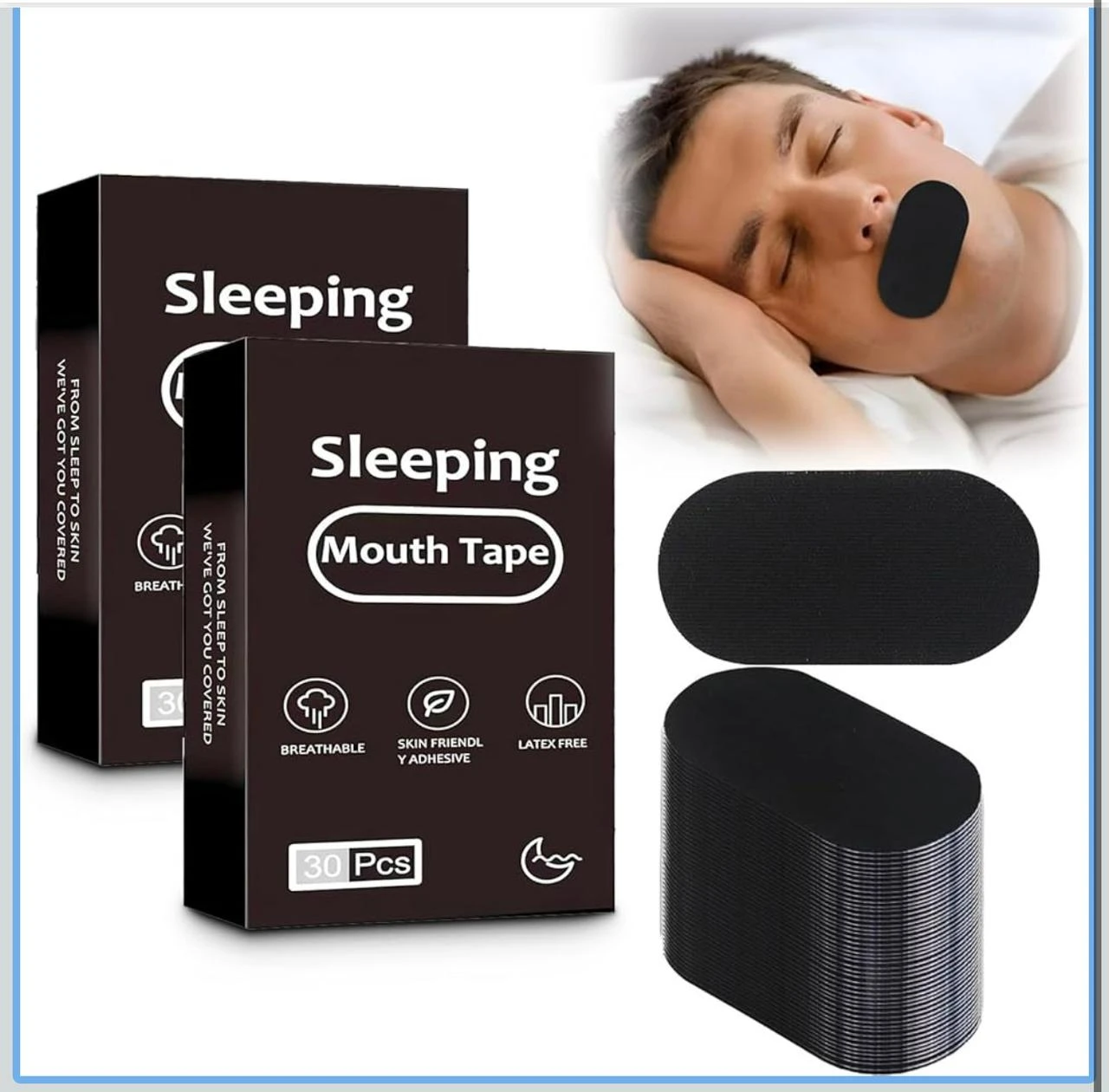Cinta antirronquidos para dormir, 30 unidades negras, transpirable, adhesiva e hipoalergénica.