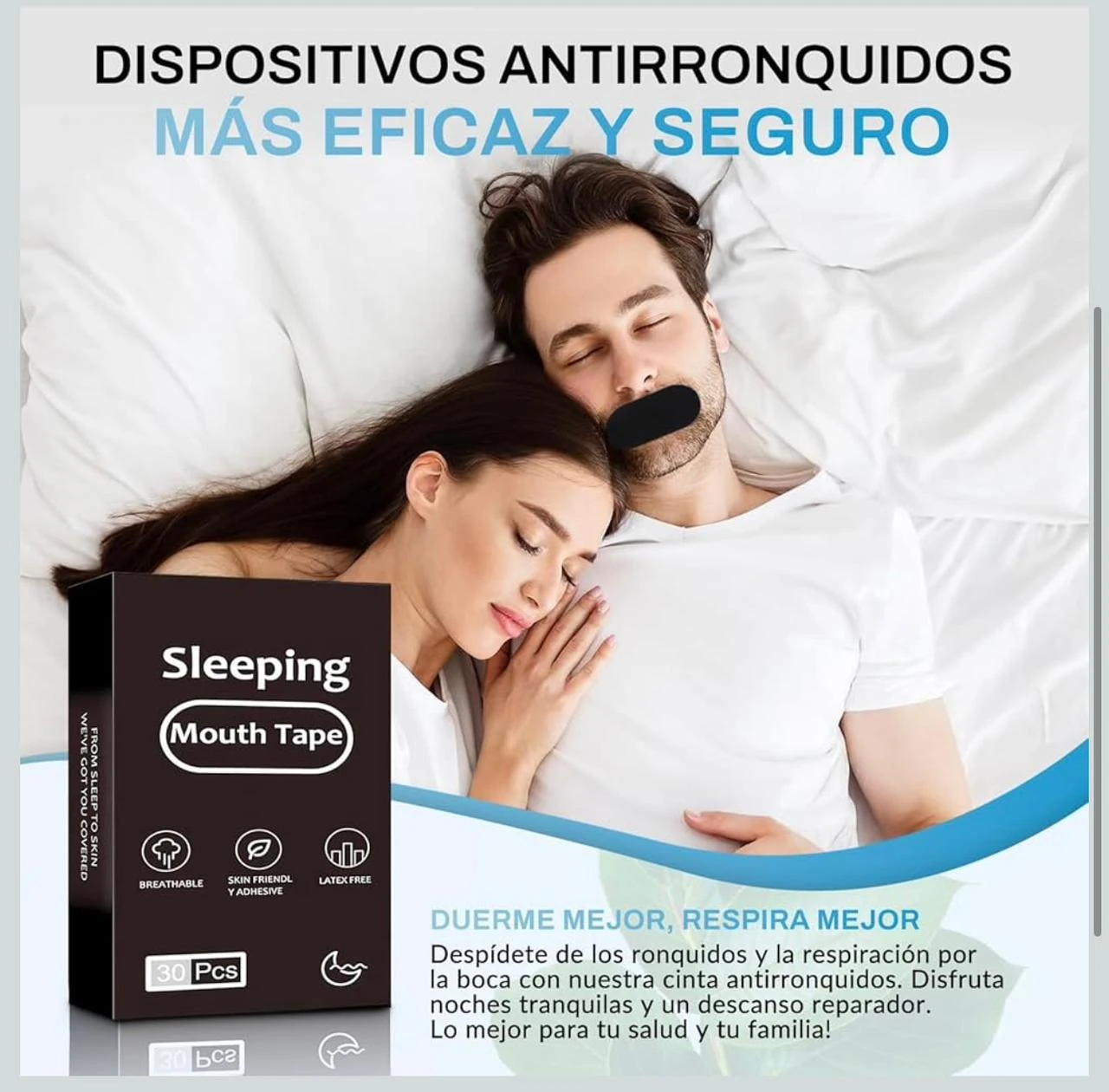 Pareja durmiendo con cinta bucal antirronquidos, caja de 30 unidades "Sleeping Mouth Tape".