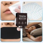 Cinta Mouth Tape X30, tira negra para dormir, con iconos de transpirable y adhesivo amigable para la piel.