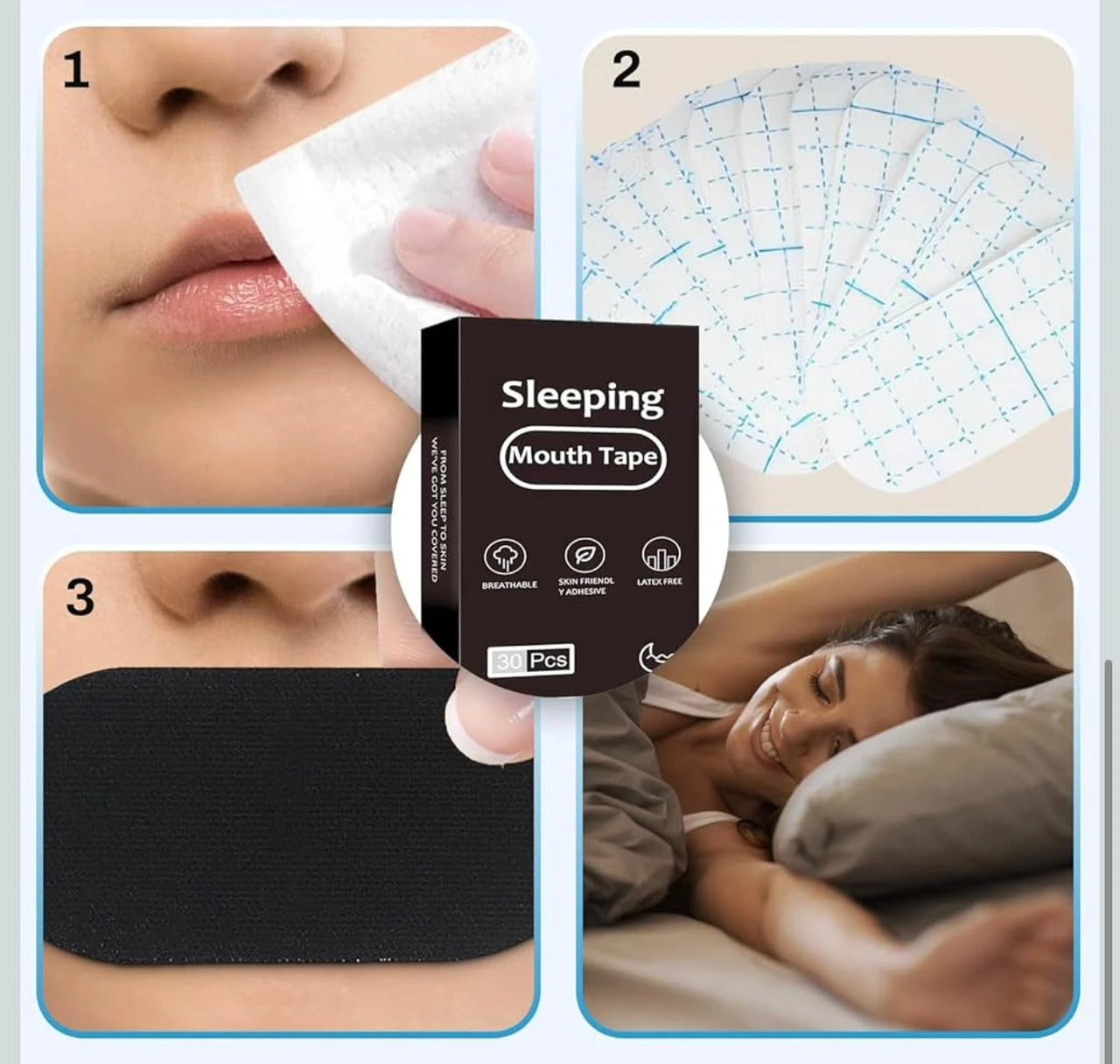 Cinta Mouth Tape X30, tira negra para dormir, con iconos de transpirable y adhesivo amigable para la piel.