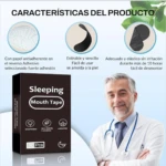 Caja de cinta para dormir Mouth Tape x30, con doctor sonriente y características del producto.