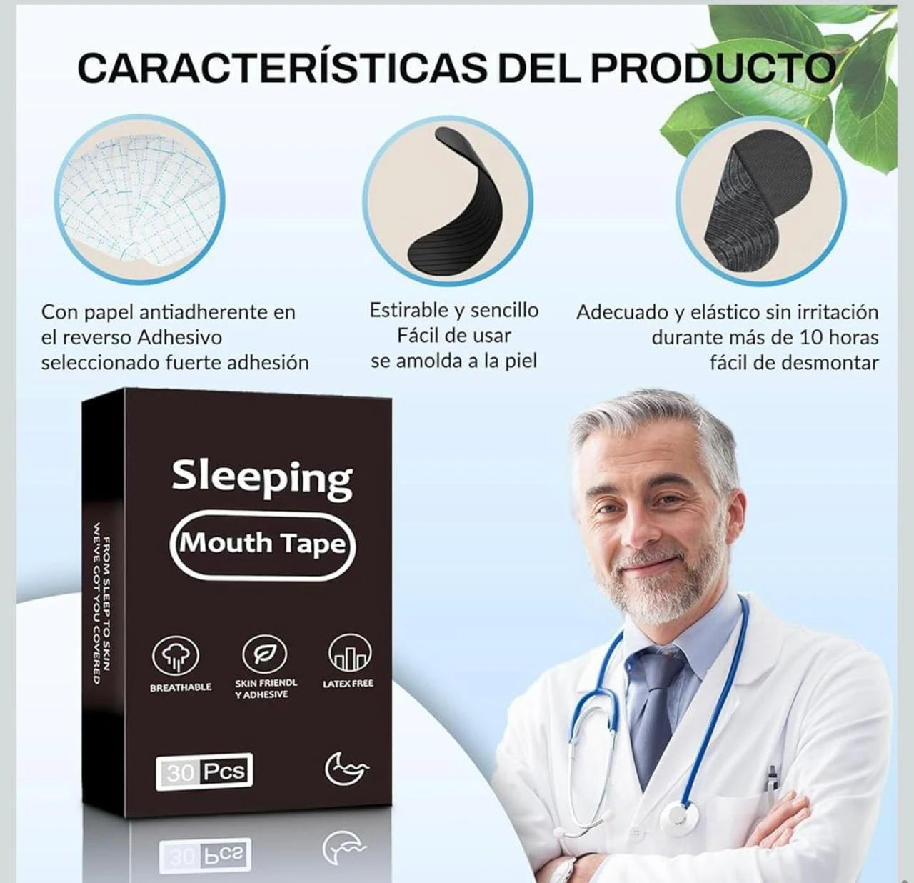Caja de cinta para dormir Mouth Tape x30, con doctor sonriente y características del producto.