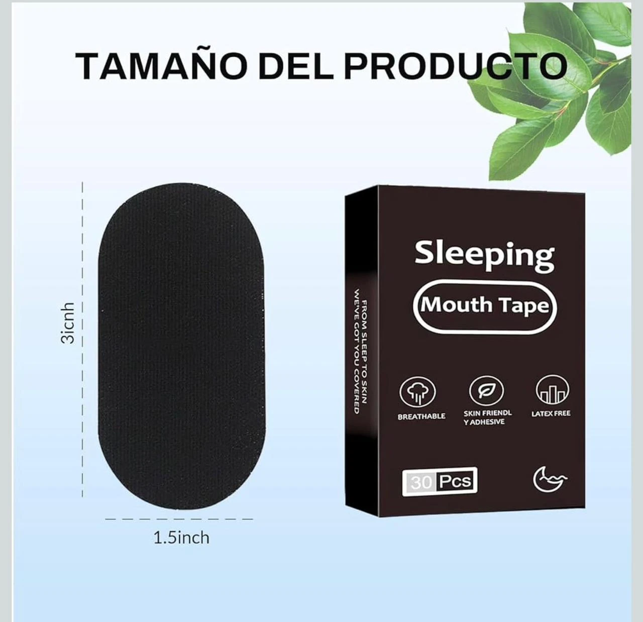 Cinta para dormir Mouth Tape X30, negra, ovalada, para reducir ronquidos. Mide 3 pulgadas x 1.5 pulgadas.