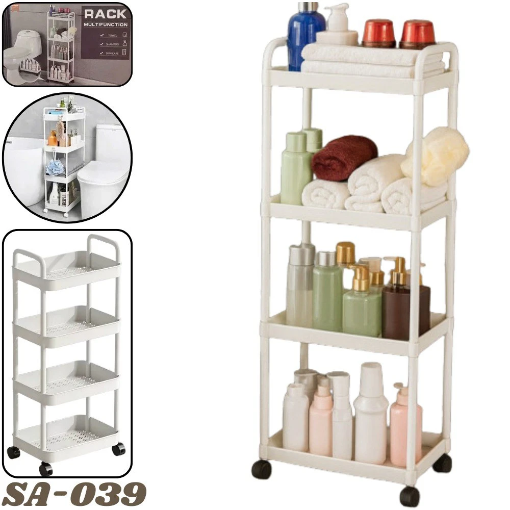 Estante organizador blanco de 4 niveles para baño con botellas, toallas y dispensadores.