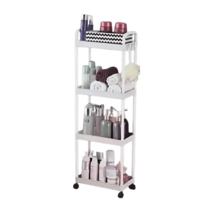 Estante organizador de 4 niveles blanco con productos de belleza y cuidado personal en cada nivel.