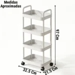 Estante organizador blanco de 4 niveles con ruedas. Medidas: 97x32.5x21.5 cm.