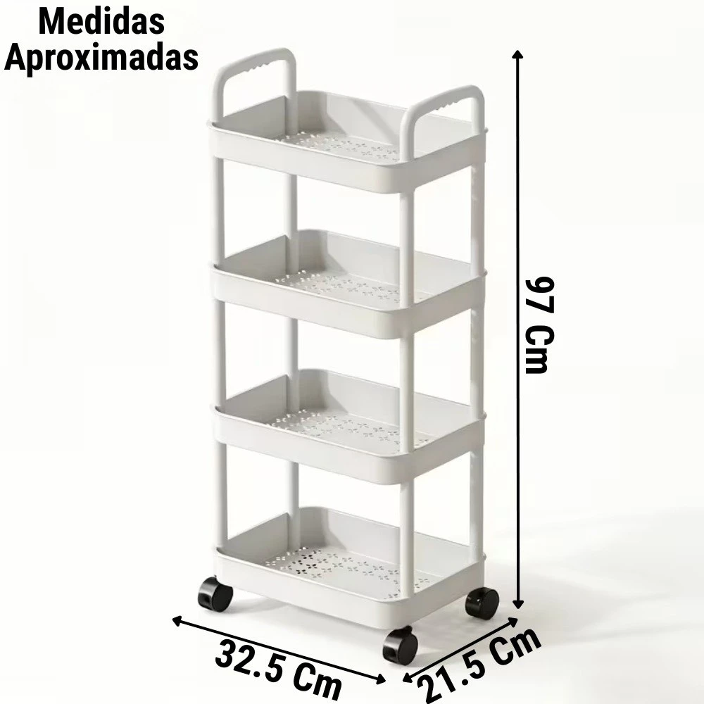 Estante organizador blanco de 4 niveles con ruedas. Medidas: 97x32.5x21.5 cm.