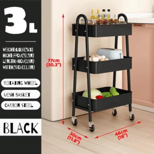 Carro organizador de cocina negro de 3 niveles, con ruedas, cesta de malla y de acero al carbono. Dimensiones 77x46x30cm.