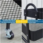 Organizador de cocina negro 3 niveles: malla transpirable, ruedas giratorias 360°, asa integrada y bordes elevados.