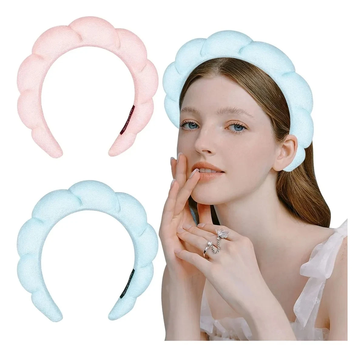 Diademas para lavar cara, esponjosas y acolchadas, una rosa y una azul claro, usadas por mujer.