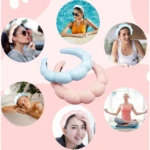 Dos diademas de tela suave con forma de nube, azul claro y rosa, mostradas junto a mujeres usándolas para maquillaje, baño y yoga.