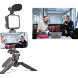 Trípode estabilizador negro para celular y cámara con micrófono, ideal para vlogging.