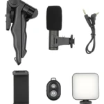 Kit de video para celular: trípode, micrófono, luz LED, control remoto y soporte para teléfono.