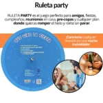 Juego de mesa Ruleta Party para adultos, con instrucciones y un círculo giratorio azul, ideal para fiestas.