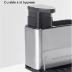 Dispensador de jabón líquido de cocina en acero inoxidable y plástico negro, duradero e higiénico.