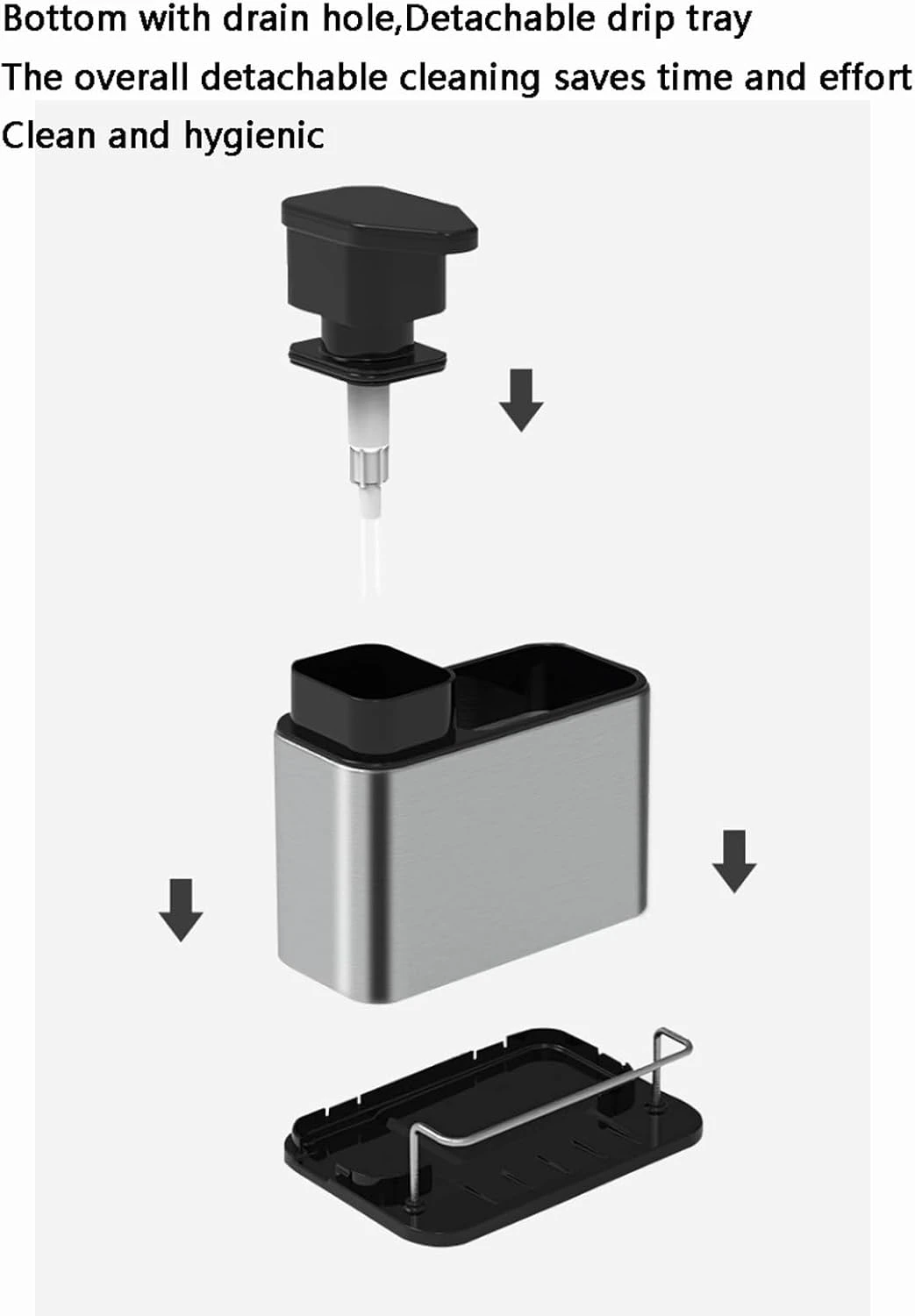 Dispensador de jabón líquido de cocina de acero inoxidable, desmontable, con base y soporte.