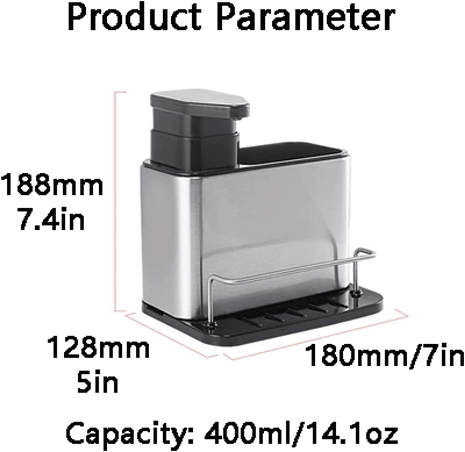Dispensador de jabón líquido de cocina plateado, con medidas de 188x128x180mm y capacidad de 400ml.