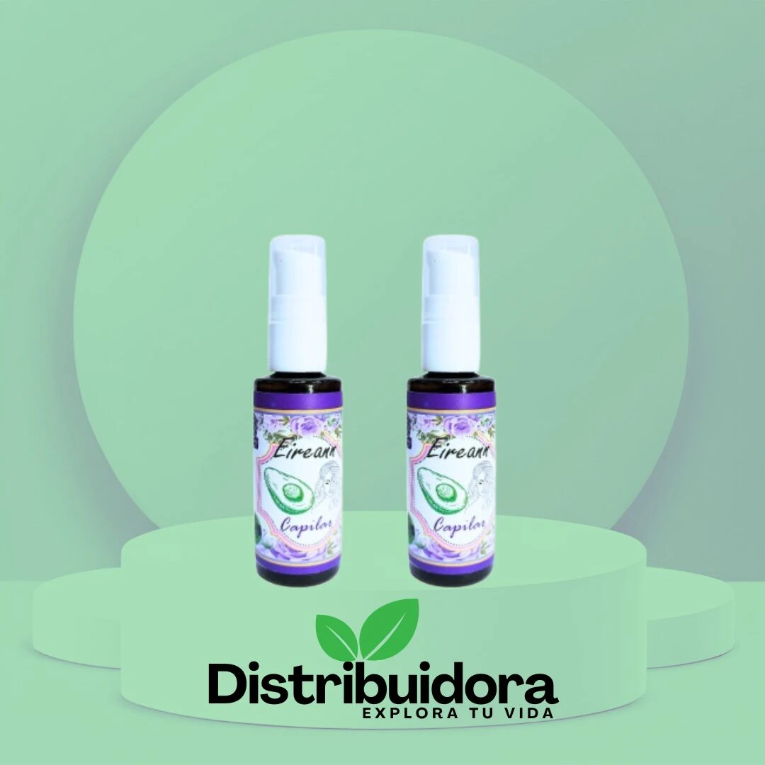 Set x2 tónico capilar Eireann de aguacate, dos frascos con atomizador sobre base verde.