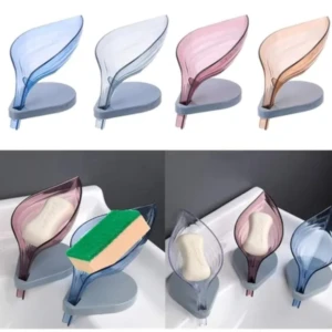 Jabonera con forma de hoja, en tonos azul, blanco, rosa y naranja, con base gris y drenaje. Ideal para baño y cocina.