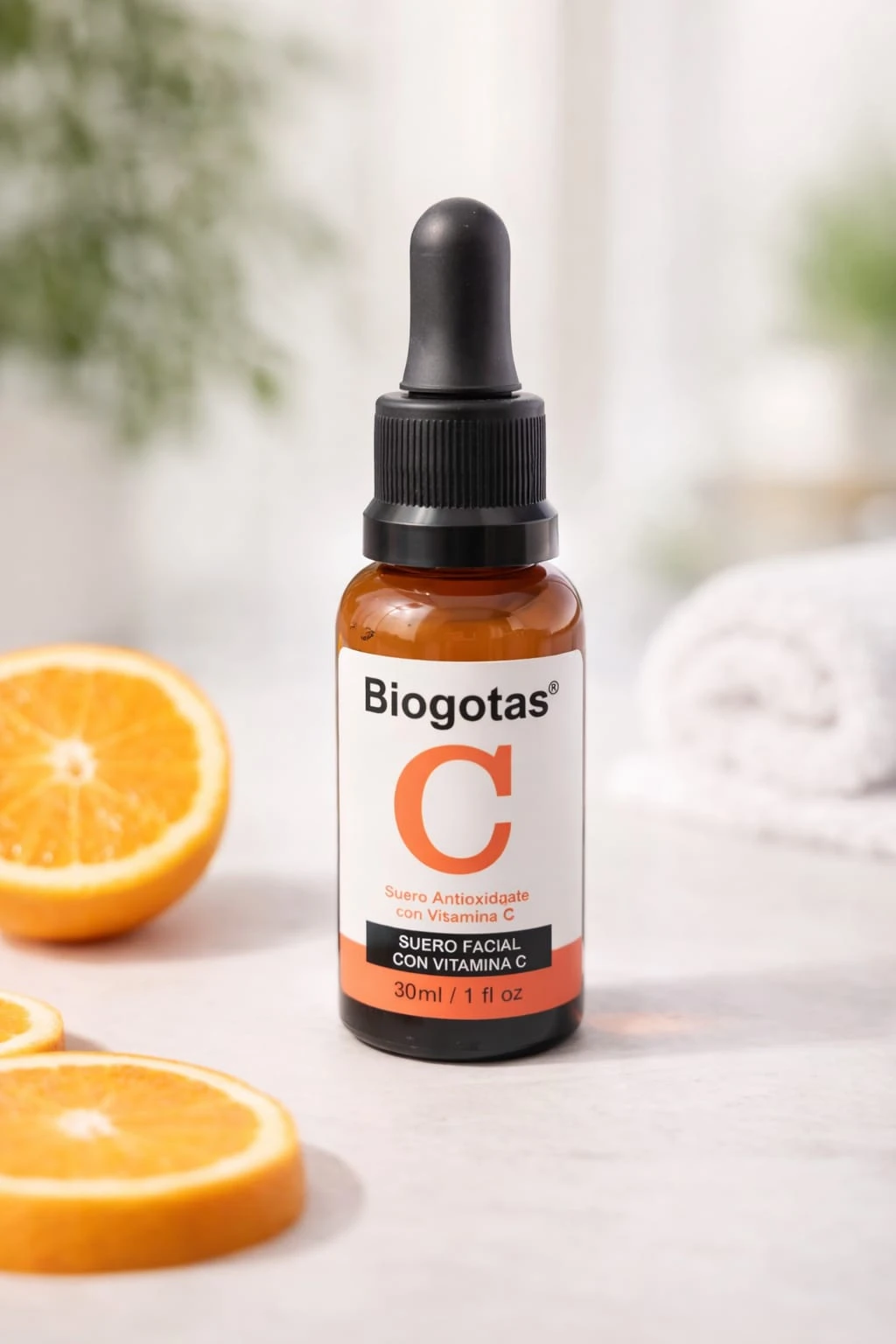 Sérum facial Biogotas C con Vitamina C en frasco ámbar, con naranjas en primer plano.