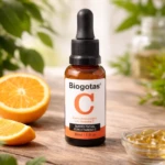 Sérum facial Biogotas C con Vitamina C, en frasco ámbar con gotero, junto a naranjas en mesa de madera.