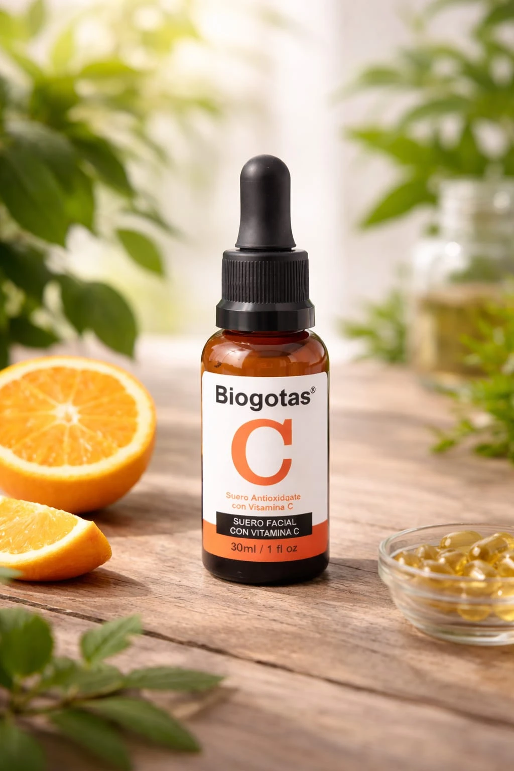 Sérum facial Biogotas C con Vitamina C, en frasco ámbar con gotero, junto a naranjas en mesa de madera.